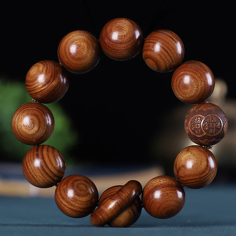 Mythstone Chinese Zodiac Rosewood Green Sandalwood Ebony Wood Copper Coin Carved Calm Bracelet