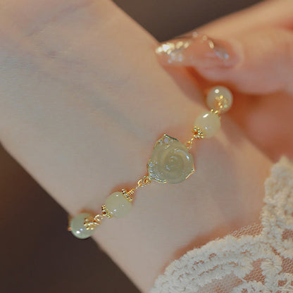 Mythstone 14K Gold Plated Hetian Jade Rose Flower Luck Chain Bracelet