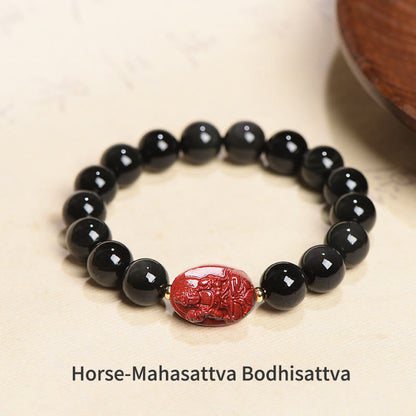 Mythstone Chinese Zodiac Natal Buddha Natural Black Obsidian Cinnabar Purification Bracelet