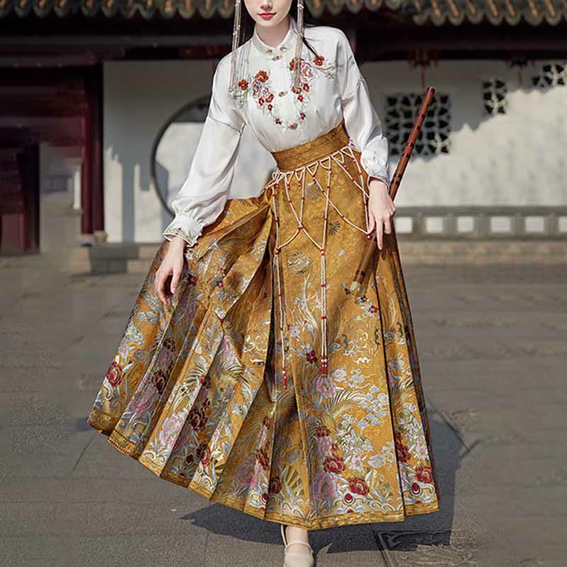 Mythstone Golden Flower Phoenix Embroidery Long Sleeve Shirt Top Chinese Hanfu Ming Dynasty Horse Face Skirt Mamianqun Skirt