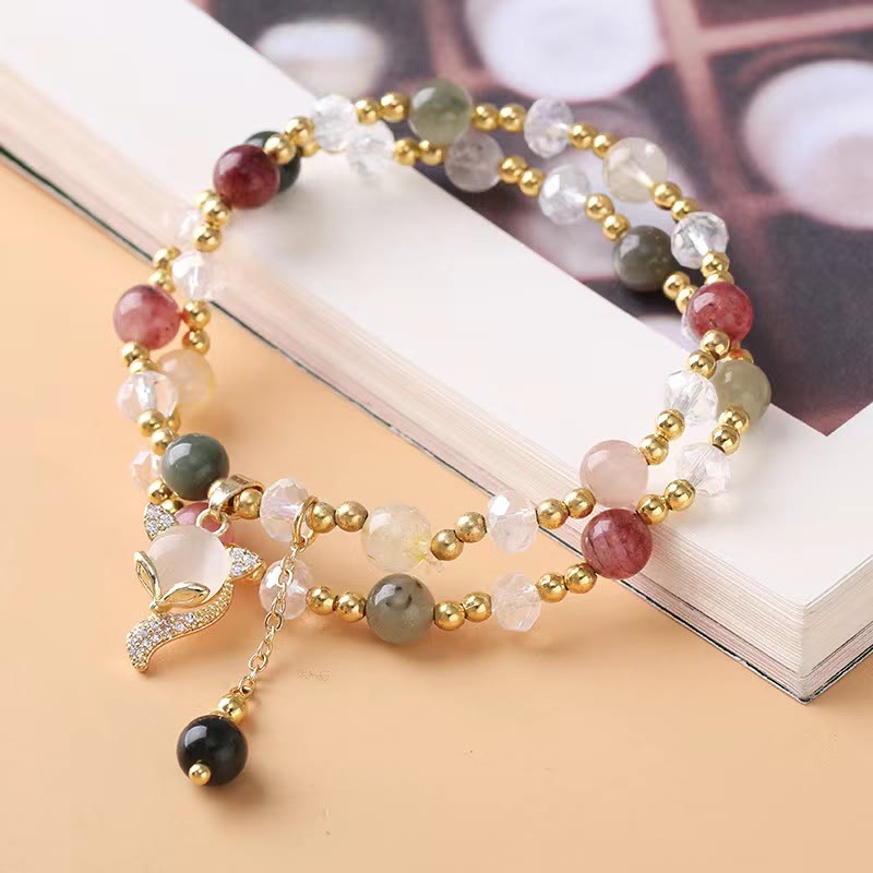 Mythstone Multicolored Rutilated Quartz Fox Protection Double Wrap Bracelet