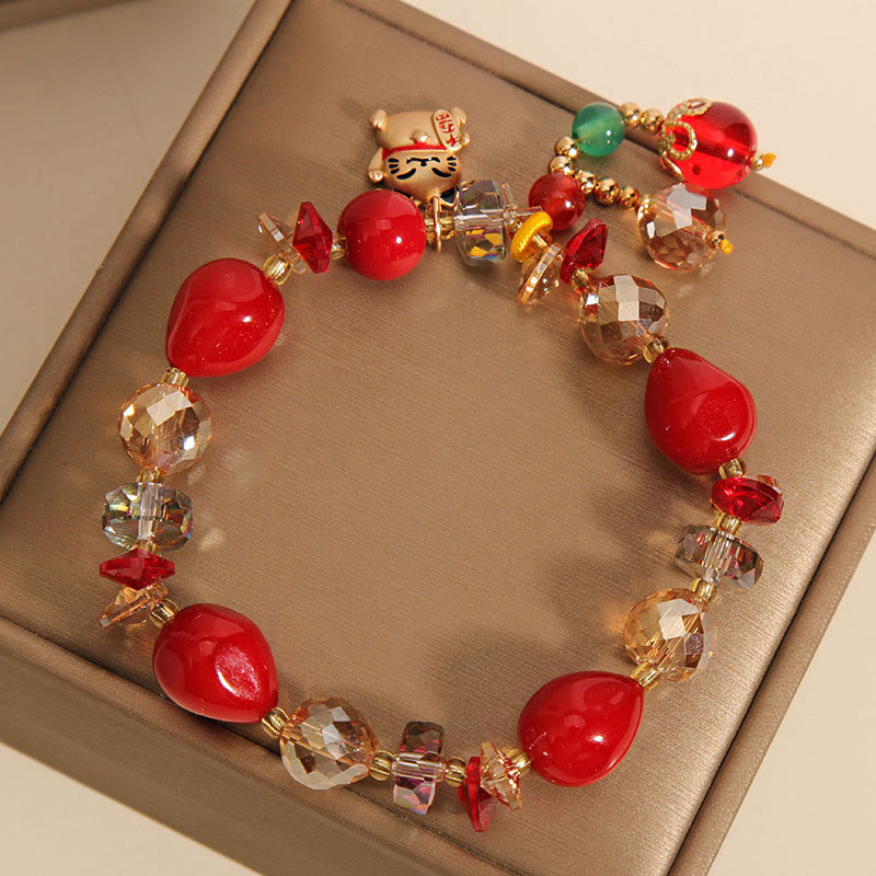 Mythstone Red Stone Lucky Cat Rabbit Fu Character Fortune Bracelet