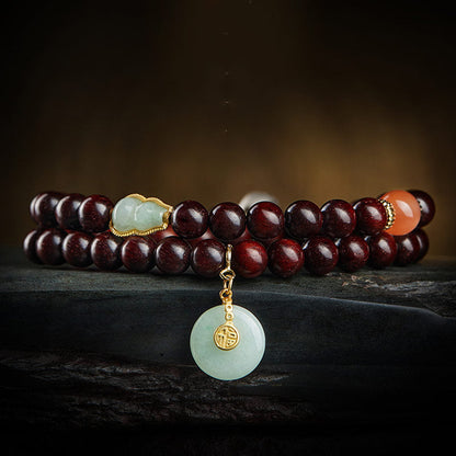 Mythstone Chinese Zodiac Natal Buddha Small Leaf Red Sandalwood Jade Red Agate PiXiu Sooth Bracelet