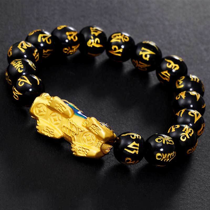 Pulsera de riqueza Om Mani Padme Hum de obsidiana PiXiu de Feng Shui Mythstone 