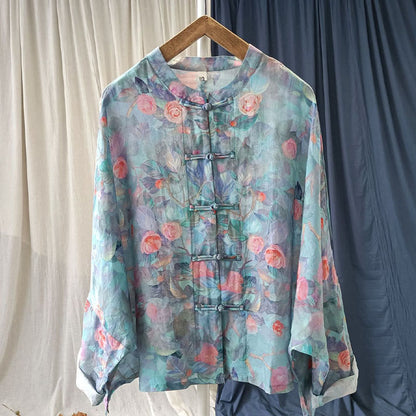 Camisa de lino con ramio y manga larga con estampado de flores rosas y hojas verdes de Mythstone 