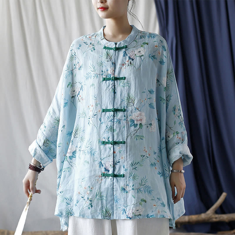 Mythstone Light Green Pink Flowers Green Leaves Frog-Button Long Sleeve Ramie Linen Jacket Shirt