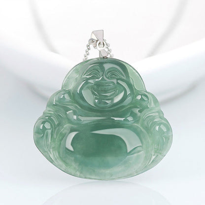 Mythstone 925 Sterling Silver Laughing Buddha Jade Protection Calm Necklace Chain Pendant