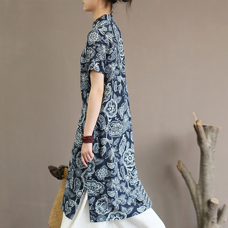 Mythstone Blue White Flower Frog-button Cheongsam Dresses Short Sleeve Linen Dresses With Pockets