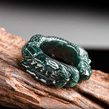 Mythstone Natural Cyan Jade Dragon Carved Success Ring