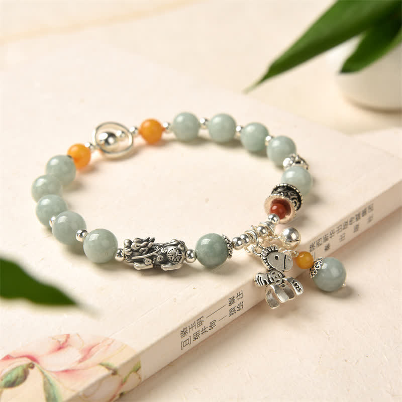 MythStone 925 Sterling Silver Natural Jade Amber PiXiu Pony Success Bracelet