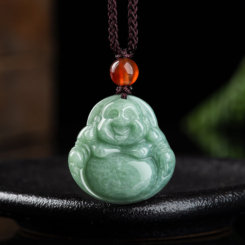 Mythstone Laughing Buddha Cyan Jade Success Necklace String Pendant