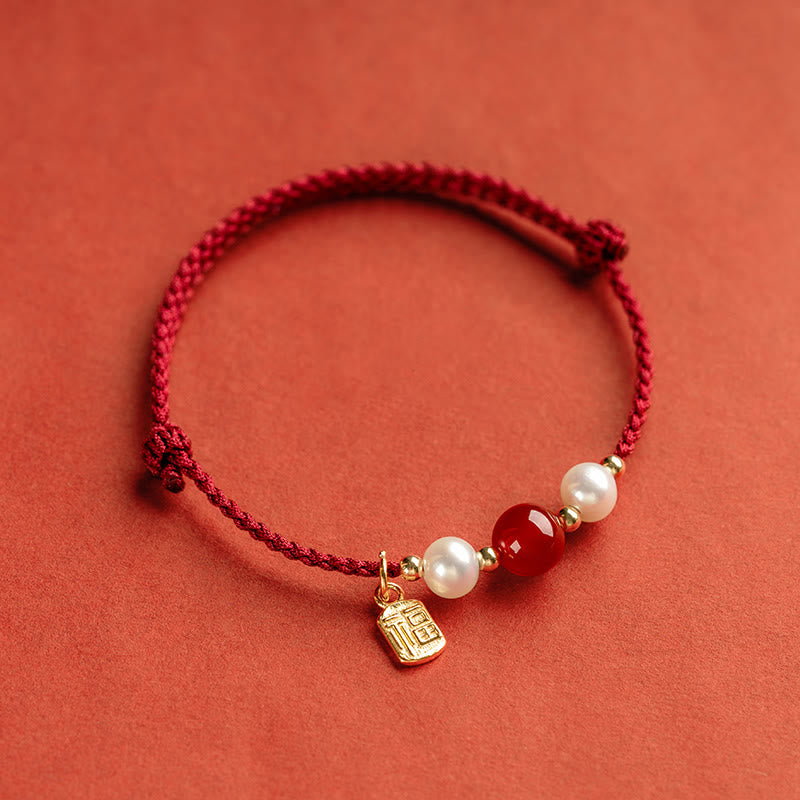 Mythstone 925 Sterling Silver Good Fortune Fu Character Agate Pearl Red String Braid Bracelet