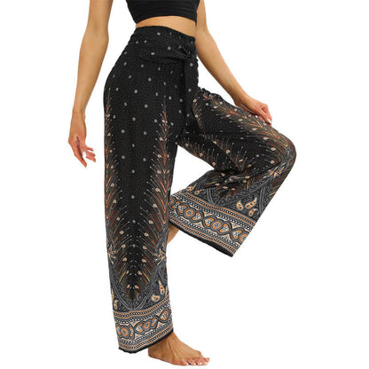 Mythstone Boho Peacock Feathers Lace-up Wide Leg Pants Women's Yoga Pants