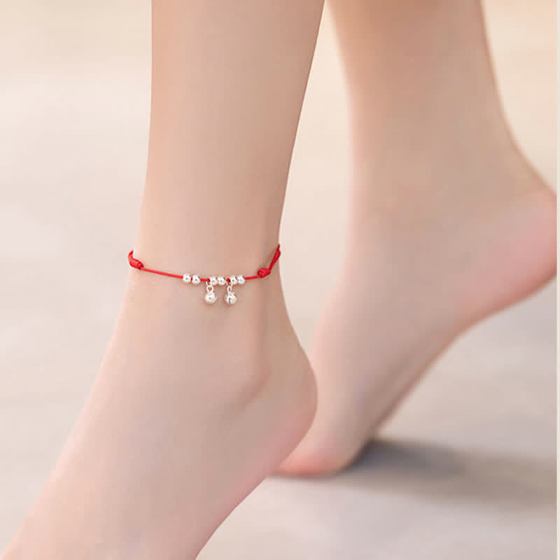 Mythstone 925 Sterling Silver Red String Braid Bell Charm Anklet