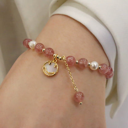 Mythstone Strawberry Quartz Pearl Elk Smiley Face Fishtail Fu Character Charm Healing Bracelet