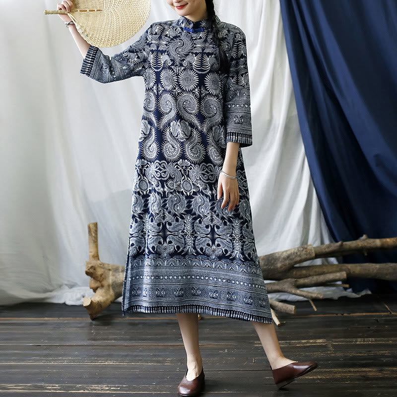 Mythstone Blue White Flower Frog-button Midi Dress Three Quarter Sleeve Linen Batik Dress With Pockets