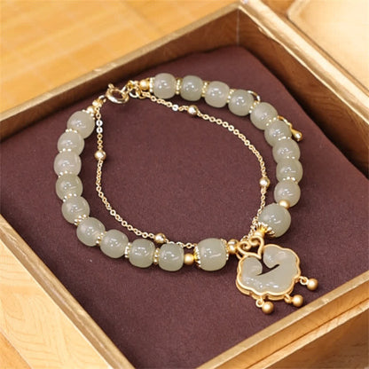 Mythstone 14K Gold Plated Natural Hetian Jade Wish Lock Bell Chain Bracelet