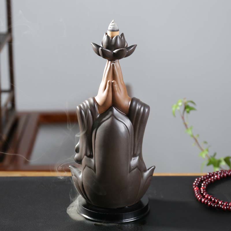 Mythstone Buddha Avalokitesvara Chenrezig Ksitigarbha Ceramic Lotus Blessing Backflow Incense Burner