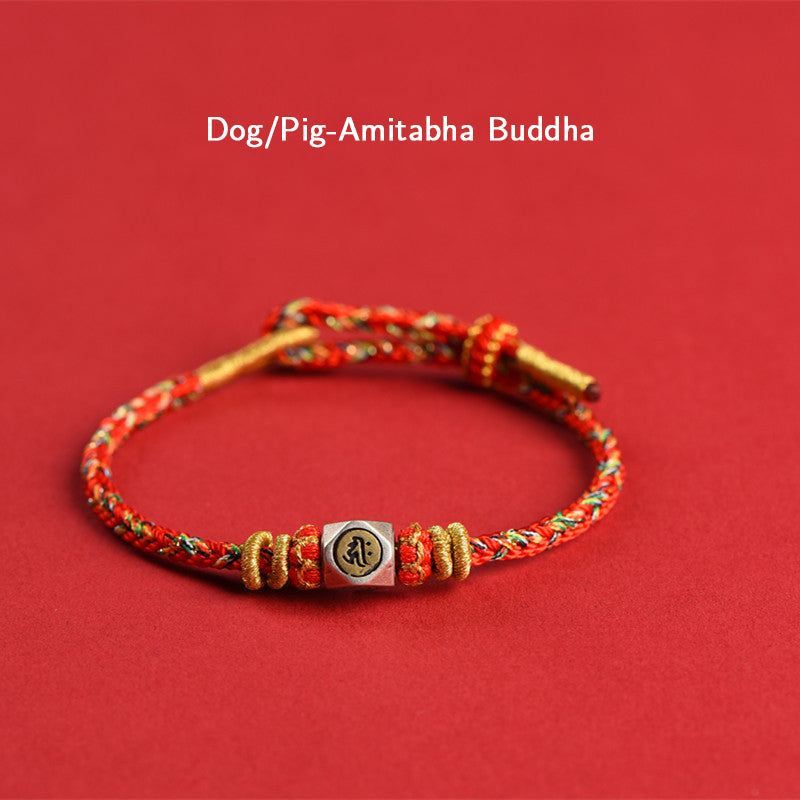 Mythstone 925 Sterling Silver Chinese Zodiac Natal Buddha Red Colorful Rope Luck Handcrafted Bracelet