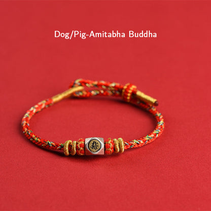 Mythstone 925 Sterling Silver Chinese Zodiac Natal Buddha Red Colorful Rope Luck Handcrafted Bracelet