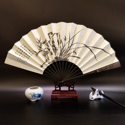 Mythstone Great Wall Mountains Trees Crane Bamboo Handheld Silk Bamboo Folding Fan 33.5cm