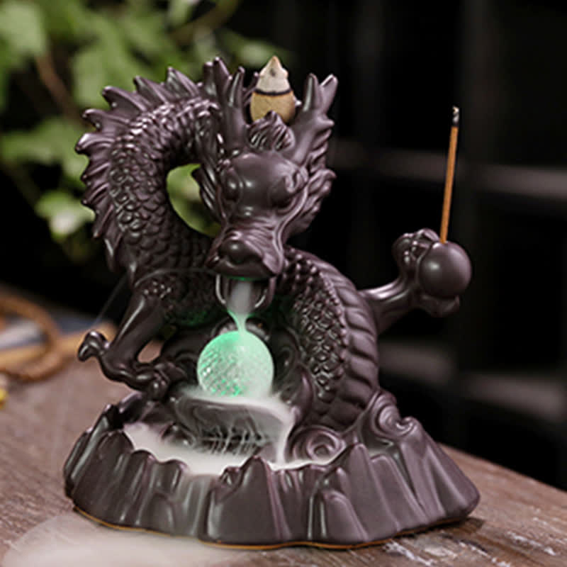 Mythstone Auspicious Dragon Ceramic Backflow Smoke Fountain Meditation Healing Incense Burner Led Ball Decoration