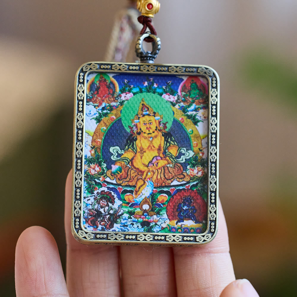 Mythstone Tibet Five Directions Gods of Wealth Hand-Painted Thangka Buddha Serenity Necklace Pendant