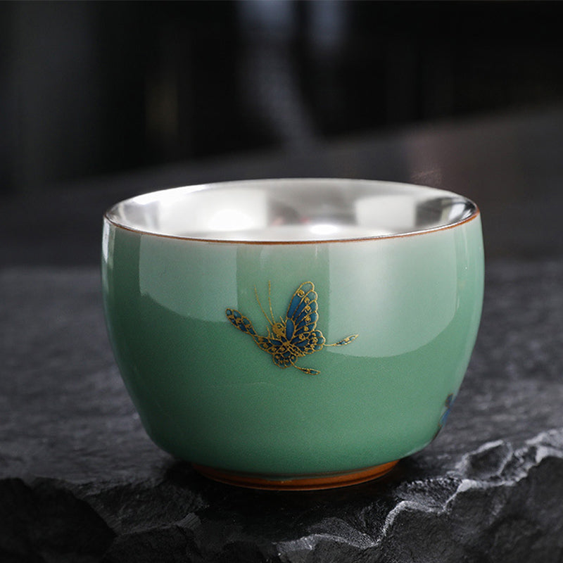 Mythstone 999 Sterling Silver Gilding Butterfly Goldfish Lotus Koi Fish Ceramic Teacup Kung Fu Tea Cup 120ml