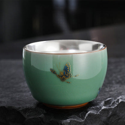 Mythstone 999 Sterling Silver Gilding Butterfly Goldfish Lotus Koi Fish Ceramic Teacup Kung Fu Tea Cup 120ml