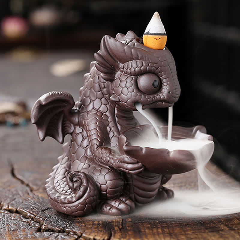 Mythstone Lovely Dinosaur Purple Clay Backflow Smoke Fountain Healing Incense Burner Decoration