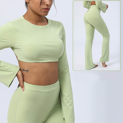 Mythstone Long Sleeve Backless Strap Top Bra Flare Pants Fitness Yoga Outfit