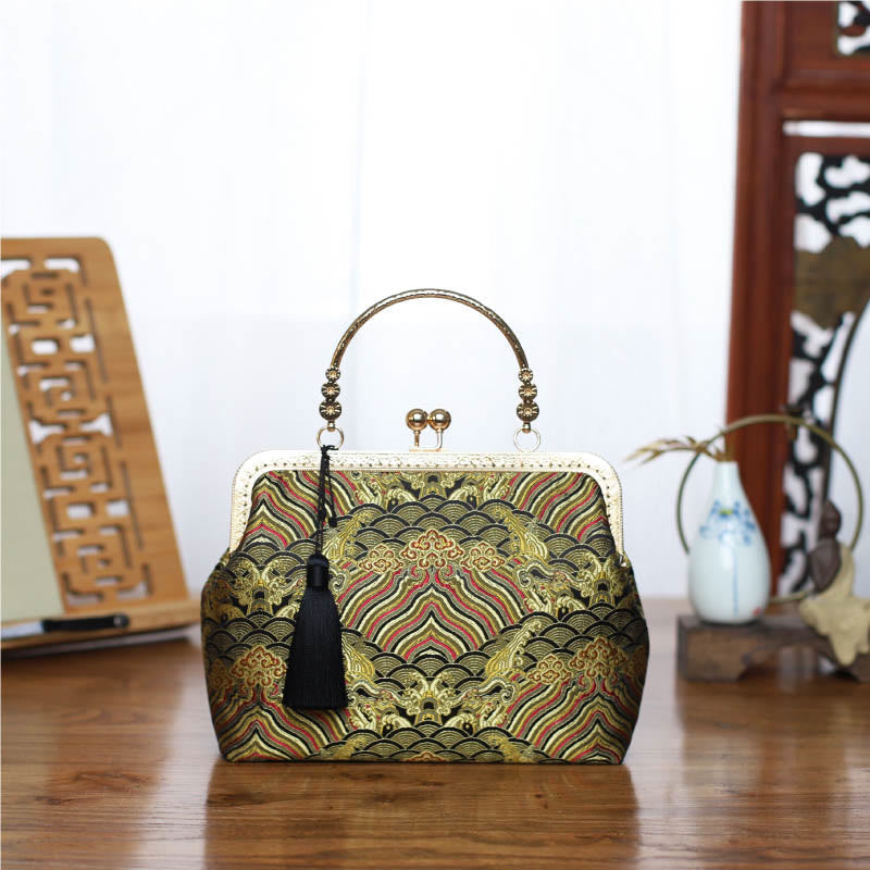 Mythstone Vintage Flower Butterfly Crane Sea Waves Metal Chain Crossbody Bag Shoulder Bag Handbag