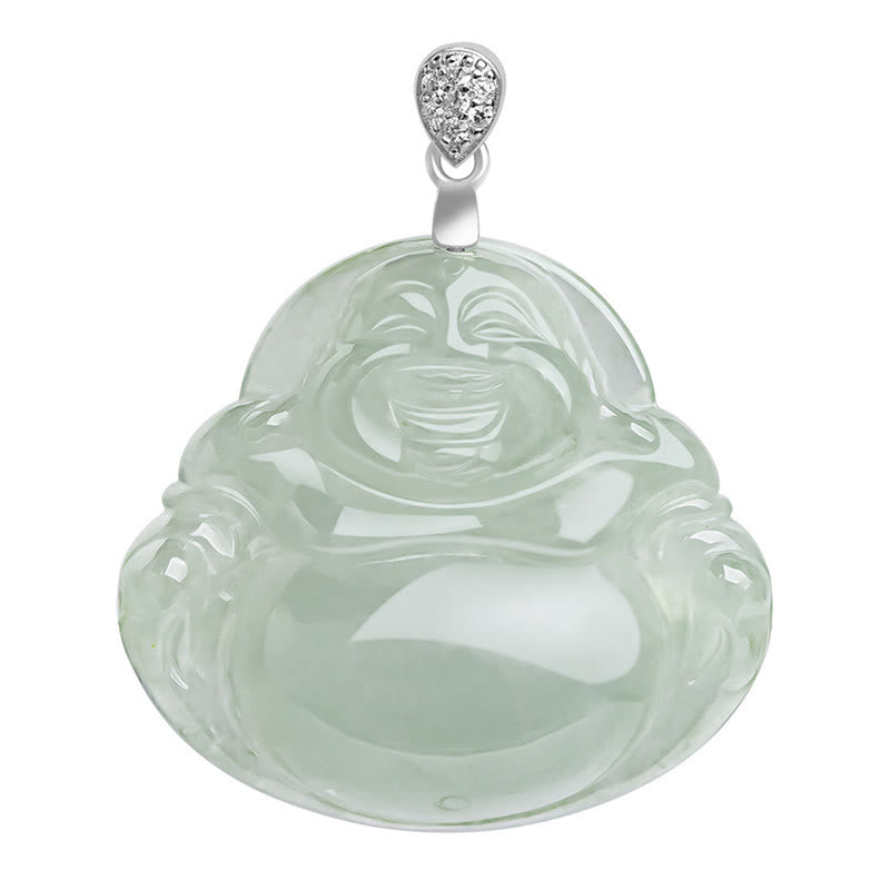 Mythstone 925 Sterling Silver Natural Jade Laughing Buddha Prosperity Abundance Chain Necklace Pendant