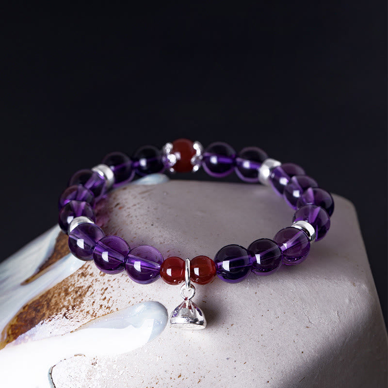 Mythstone 925 Sterling Silver Natural Amethyst Red Agate Lotus Positive Bracelet