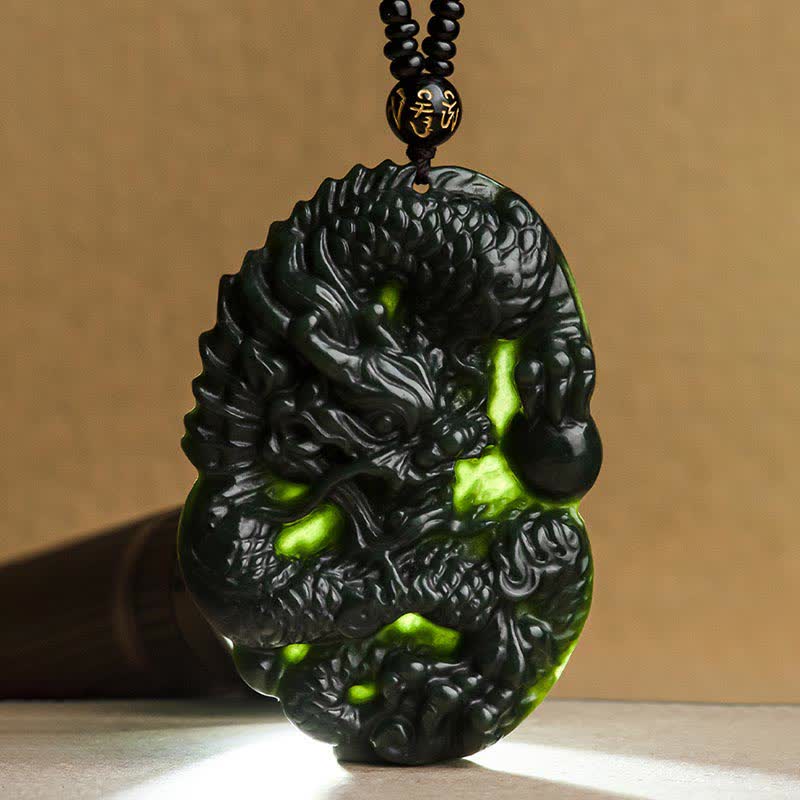 Mythstone Hetian Cyan Jade Dragon Success Harmony Necklace Beaded String Pendant