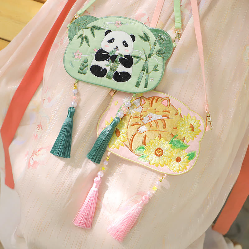 Mythstone Embroidery Lucky Panda Cat Shiba Inu Deer Rabbit Fox Flower Cute Animal Hanfu Bag Crossbody Bag Shoulder Bag