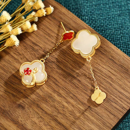 Mythstone 24K Gold Plated White Jade Four Leaf Clover Plum Blossom Luck Necklace Pendant Earrings