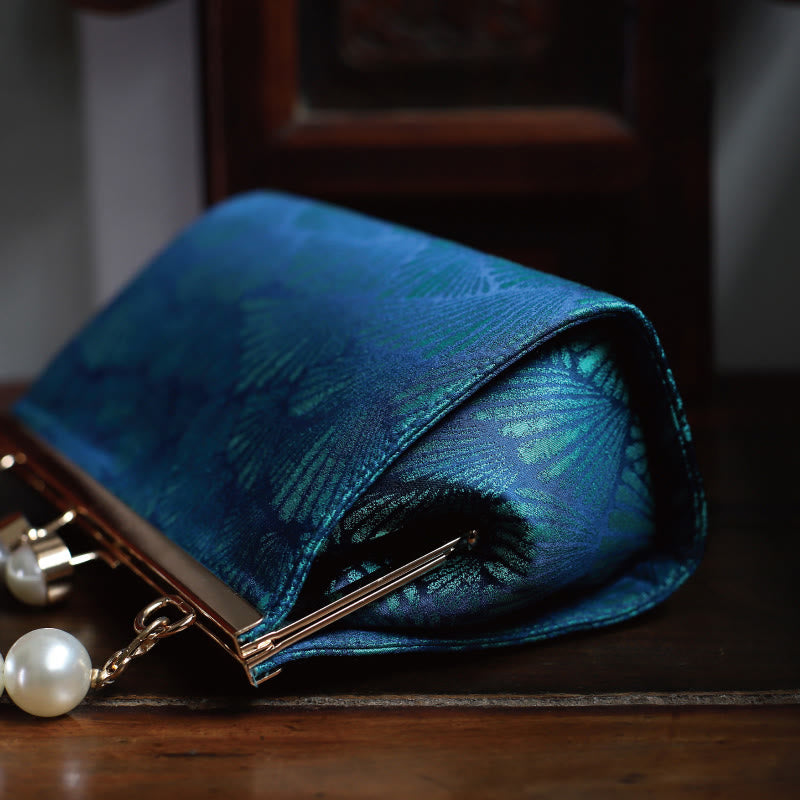 Mythstone Vintage Peacock Blue Leaf Pattern Pearl Metal Handbag