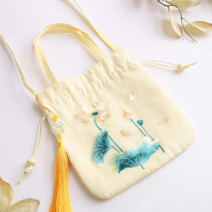 Mythstone Lotus Peony Epiphyllum Phoenix Suzhou Embroidery Cotton Linen Tote Crossbody Bag Shoulder Bag Handbag