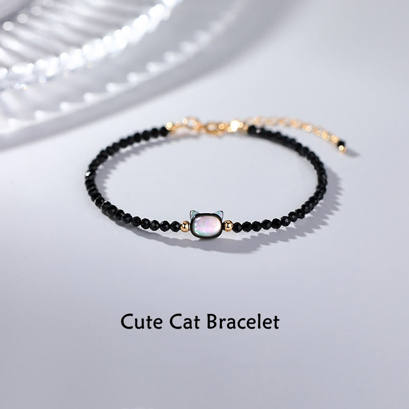 Mythstone 14K Gold Plated Black Spinel White Crystal Cute Cat Tridacna Stone Healing Bracelet