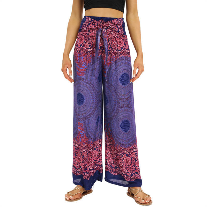 Mythstone Bohemian Compass Flower Print Lace-up Wide Leg Pants Women's Yoga Pants