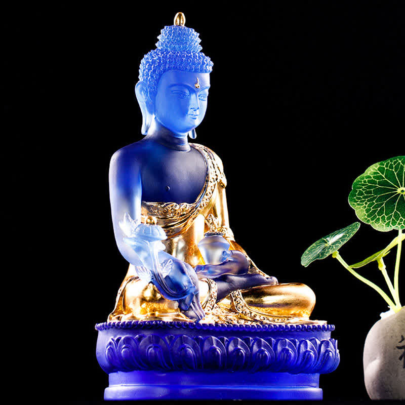 Estatua de compasión hecha a mano de Buda de la medicina de piedra mitológica, obra de arte de cristal de Liuli, ofrenda para el hogar y la oficina