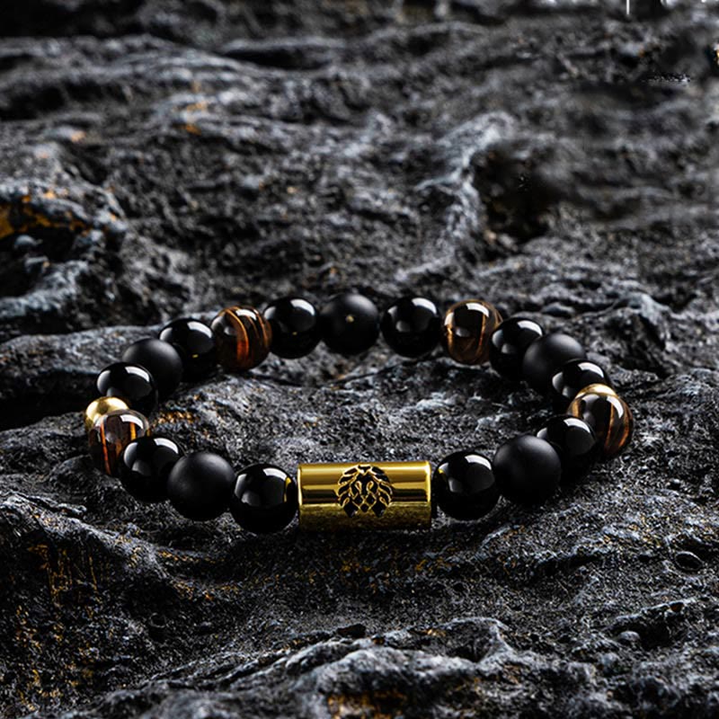 Mythstone Black Onyx Tiger Eye Bead Lion Engraved Protection Bracelet