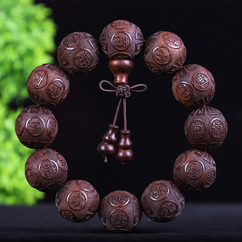 Mythstone Chinese Zodiac Rosewood Ebony Boxwood Copper Coin PiXiu Carved Warmth Bracelet