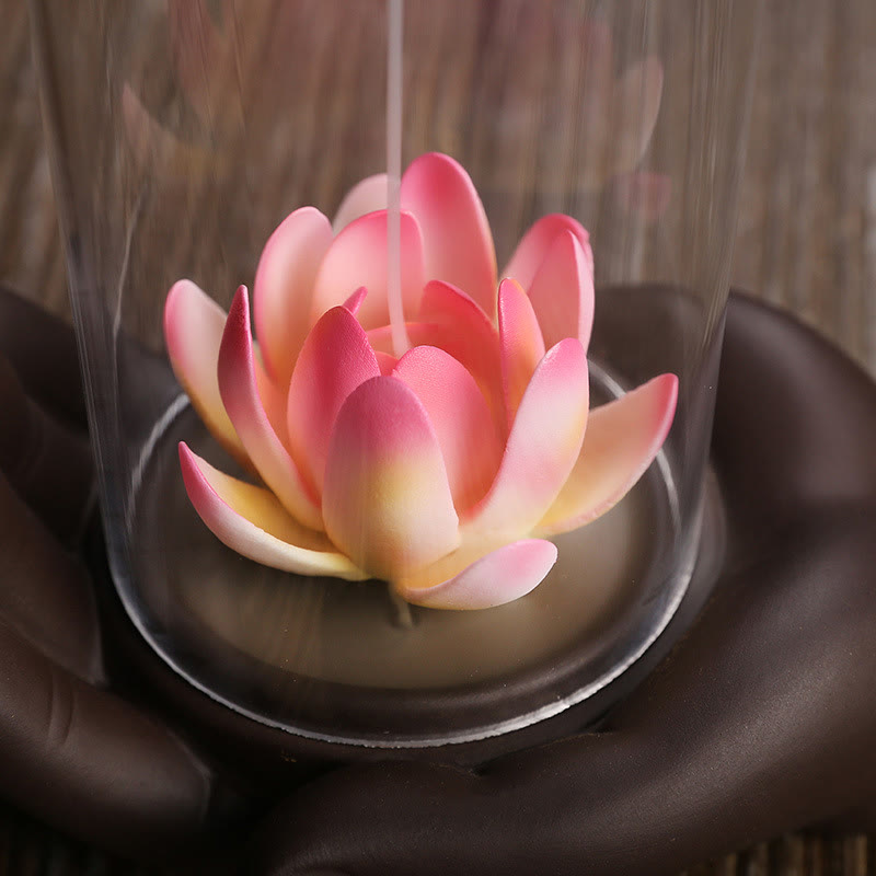 Mythstone Buddha Hand Lotus Enlightenment LED Light Purple Clay Ceramic Incense Burner Decoration