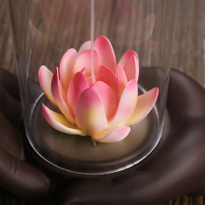 Mythstone Buddha Hand Lotus Enlightenment LED Light Purple Clay Ceramic Incense Burner Decoration