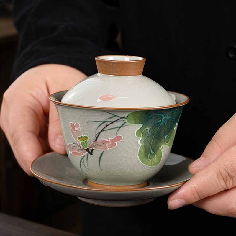 Mythstone Lotus Koi Fish Pod Leaf Ceramic Gaiwan Sancai Teacup Kung Fu Tea Cup And Saucer With Lid 140ml