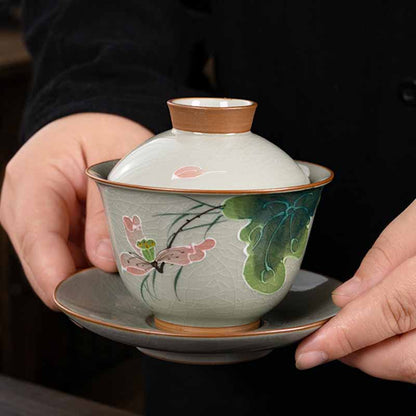 Mythstone Lotus Koi Fish Pod Leaf Ceramic Gaiwan Sancai Teacup Kung Fu Tea Cup And Saucer With Lid 140ml