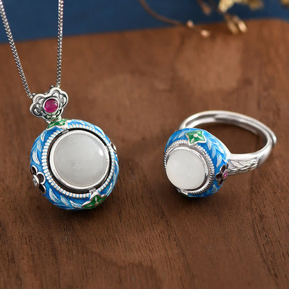 Mythstone 925 Sterling Silver Blue Enamel Round Hetian Jade Luck Necklace Pendant Ring Set