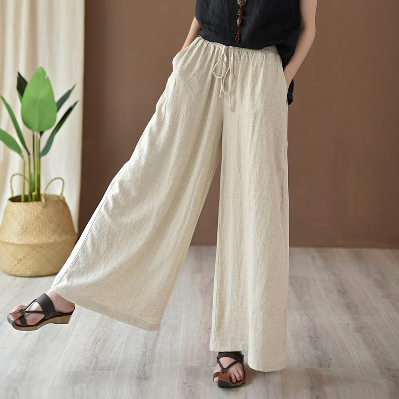 Mythstone Loose Cotton Linen Drawstring Wide Leg Pants With Pockets